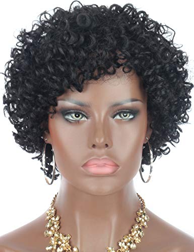 Beauart 100% Remy Human Hair Short Deep Curly Wigs for Black Women No Lace Natural Black Curly Wigs with Hair Bangs