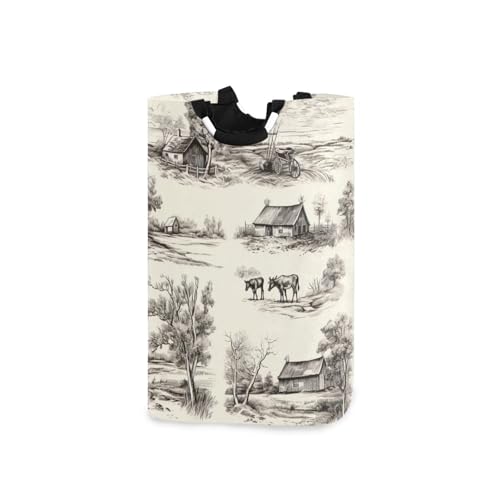 Jihqo Laundry Hamper Basket Rustic Farmhouse Collapsible Nursery Storage Bin Waterproof Clothing Baskets for Home Bedroom Bathroom Washing Room