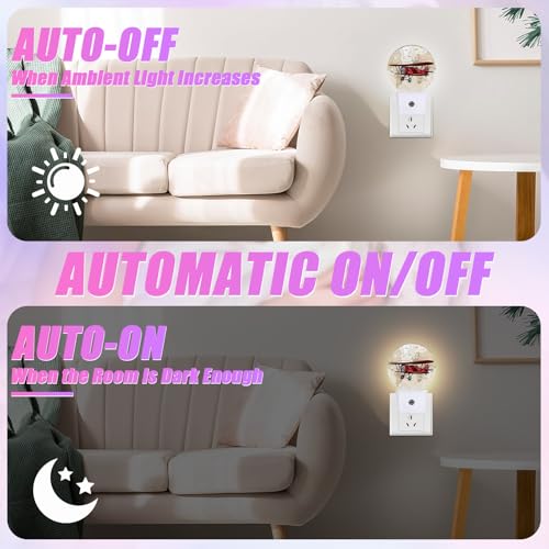 Image of Vintage Airplane Night Light World Map Night Lights LED Lamp Round Plug into Wall Nightlight with Dusk to Dawn Sensor Home Hallway Stairway Kitchen Decor