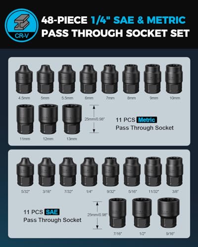 ZOMIYU 1/4-Inch Drive Pass Through Socket Set, 48-Piece Go-Thru Ratchet Kit, Metric & SAE, Low Profile for Long Bolts & Tight Spaces, Includes Extension Bar & Adapters, Cr-V Steel - image 2