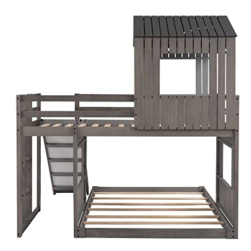 Twin Over Full House Bunk Beds with Full Size Bottom Platform Bed Frames and Slide, Antique Gray