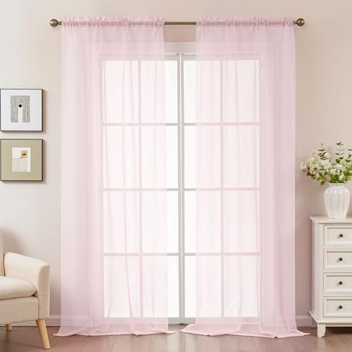 Image of Pink Sheer Curtains 96 Inches Long, Privacy Semi Sheer Curtains for Living Room Bedroom, Light Filtering Rod Pocket Voile Window Drapes 2 Panels Set, Each 42 inch W x 96 inch L