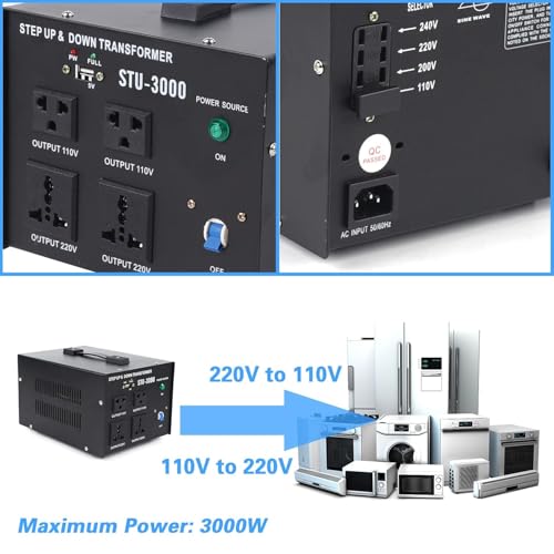 Image of Voltage Converter Transformer, 3000W Step Up /Down Transformer Converter 220V to 110V or 110V to 220V Power Converter, Circuit Break Protection, 5V USB Port, CE Certified (3000W)