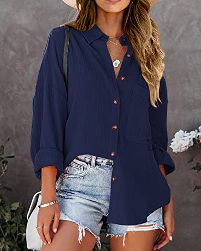 Image of NOLLSOM Casual Shirts for Women Long Sleeve Button Down Blouses Fall 2026 Solid Color Trendy Tops with Pocket
