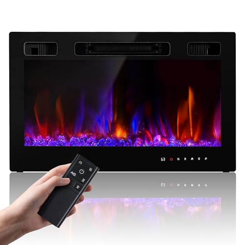 Electric Fireplace Insert 36" Realsmart 1500W Wall Mounted Fireplaces Recessed Heaters Remote Control Slim Black Fireplace Touch Screen Timer 12 Flame Colors LED Decor Low Noise
