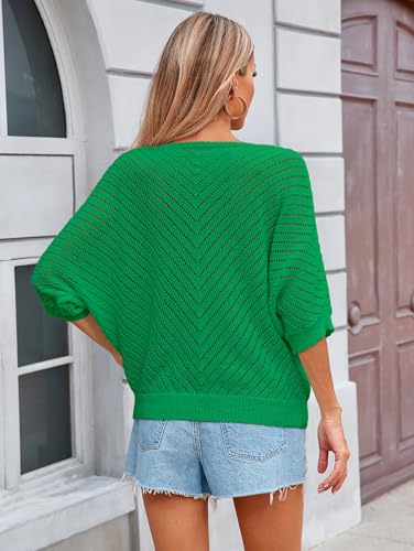 Image of Libsorge Womens Sexy V Neck 3 /4 Sleeve Sweater Spring 2025 Trendy Dressy Casual Outfits Lightweight Crochet Knit Pullover Top
