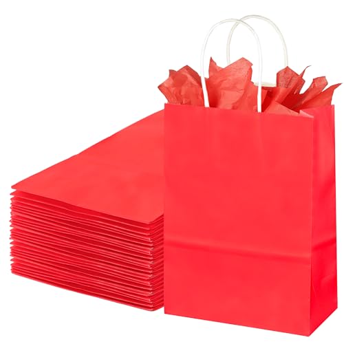 Image of BLEWINDZ 32Pcs Small Paper Gift Bags with Tissues, Red Party Favor Bags with Handles, 8.7 inch Goodie Bag for Birthday, Shopping, Party Supplies