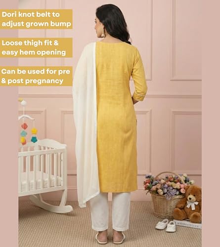 Image of DUMMY SHAPE Feeding Kurta Set for Women Cotton Blend | Floral Embroidered Pregnancy Kurta Pant Dupatta with Nursing Zippers | Pre & Post Partum | Maternity Dresses | Mom to Be Gifts