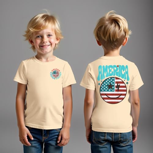 Image of MODNTOGA Boys Girls 4th of July Shirt USA Flag Graphic T-Shirt Big Kids America Print Short Sleeve Patriotic Holiday Tee Tops (Beige, 7-8 Years)