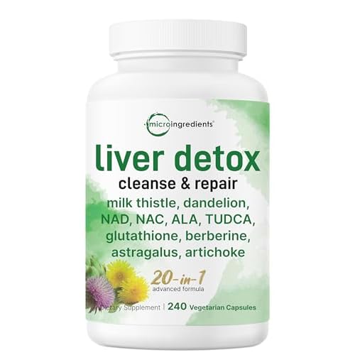 Liver Detox, 240 Veggie Capsules | 20-in-1 Advanced Support Complex + Milk Thistle, Dandelion, NAD, NAC, ALA, TUDCA, Glutathione, Artichoke, Turmeric, & Astragalus | Liver Cleanse & Repair S