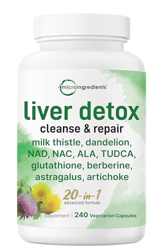 Liver Detox, 240 Veggie Capsules | 20-in-1 Advanced Support Complex + Milk Thistle, Dandelion, NAD, NAC, ALA, TUDCA, Glutathione, Artichoke, Turmeric, & Astragalus | Liver Cleanse & Repair Supplement