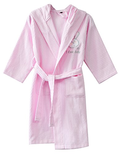 KISBINI Kids 100% Cotton Long Hooded Robes Bathrobes for Children Pink L 8-9T
