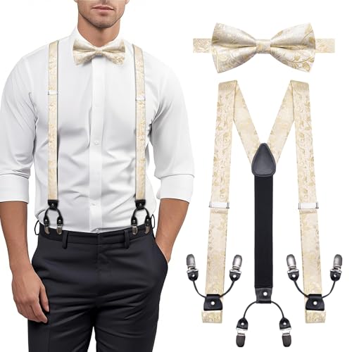 Image of YOHOWA Men Suspenders 6 Clips Strength Adjustable Y Braces Pre-Tied Bow Tie Set Formal Wedding Party