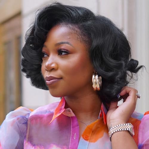 Lady Miranda Short Curly Wig Short Bob Loose Wave Wigs for Black Women Lace Part Wig Side Part Wigs Nature Curly Synthetic Heat Resistant Weave Full Wigs for Women(Black)