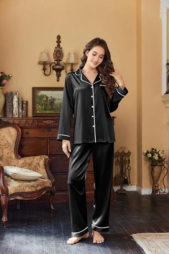 Image of Ekouaer Women Satin Pajamas Set Classic Button Down Long Pjs Set