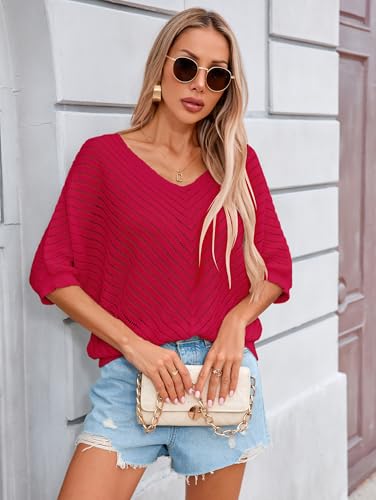 Image of Libsorge Womens Sexy V Neck 3 /4 Sleeve Sweater Spring 2025 Trendy Dressy Casual Outfits Lightweight Crochet Knit Pullover Top