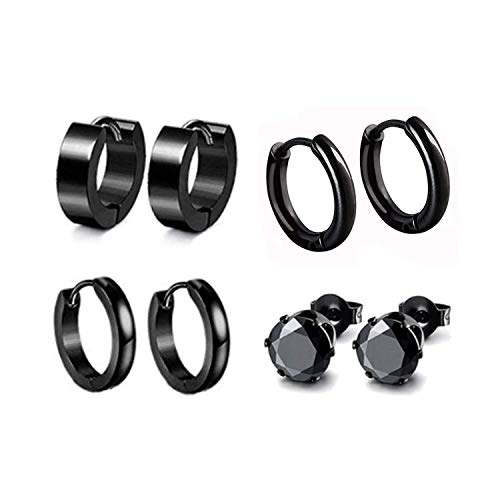 JZZJ 4 Pares de Pendientes de aro Unisex, Hechos de CZ de Acero Inoxidable de Calibre 18 y 4 Estilos Diferentes?Negro?
