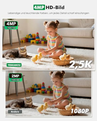 YESKAMOU 2,5K 4MP Überwachungskamera Innen Akku, 360° WLAN innenkamera mit akku, 2,4/5 GHz WiFi, 360° Kamera Indoor, Farb-Nachtsicht, Bewegungserkennung, Zwei-Wege-Audio, für Baby/Haustiere/Zuhause