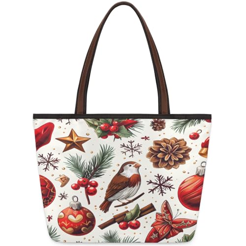 Watercolour Bird Berry Branch Snowflake Tote Bag Multi Pocket Zippered Beach Bag Lightweight Waterproof Handbag for Women Men Work Gym Travel Swimming Yoga Grocery Shopping L