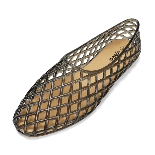 FUNKYMONKEY Women's Jelly Mesh Flats Breathable Clear Hollow Shoes Summer Beach Jellies Ballet Sandals,Grey,40
