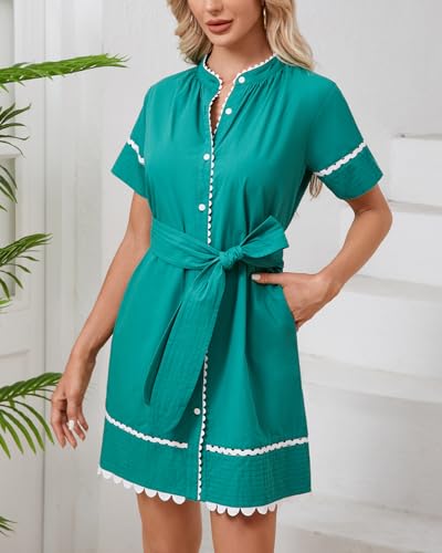 Image of Women's Summer Shirt Dress Short Sleeve Button Down Mini Tie Waist Belted Tunic with Pockets RIC Rac Trim
