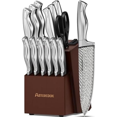 Astercook Knife Set, 15-Piece Kitchen Knife Set with Block, Built-in Knife Sharpener, German Stainless Steel Knife Block Set, Dishwasher Safe Cover