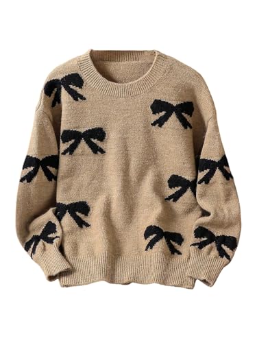 RoseSeek Girl's Bow Graphic Sweaters Crewneck Long Sleeve Knit Pullover Tops Drop Shoulder Knitwear Khaki 12 Years