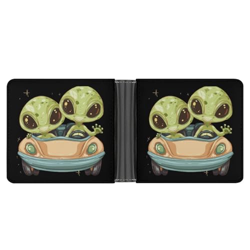 Cute Aliens in Car Funny Billfold Wallet Credit Card Holder Slim Passcase Pouch Purse for Men Women