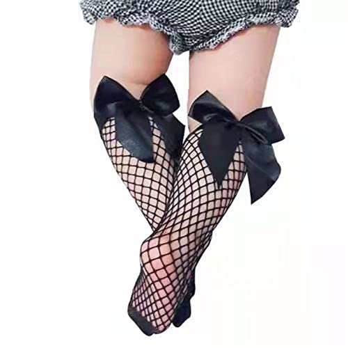 2 Pair Little Girls Fishnet Socks, Cute Sweet Mesh Lace Knee High Socks with Bowknot Decor Elastic Hollow Out Mesh Net Tight Stockings for Little Girls in White & Black3