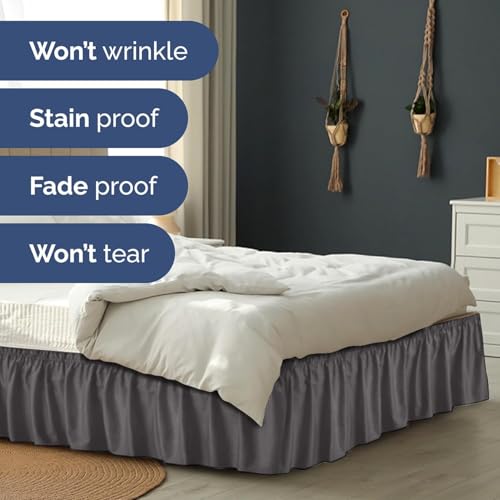 Image of Bed Skirt - Wrap Around Dust Ruffle Bed Frame Cover with Easy Fit Elastic Strap, Queen Size 12 Inch Drop, Microfiber Pleated, Machine Washable | Dark Grey
