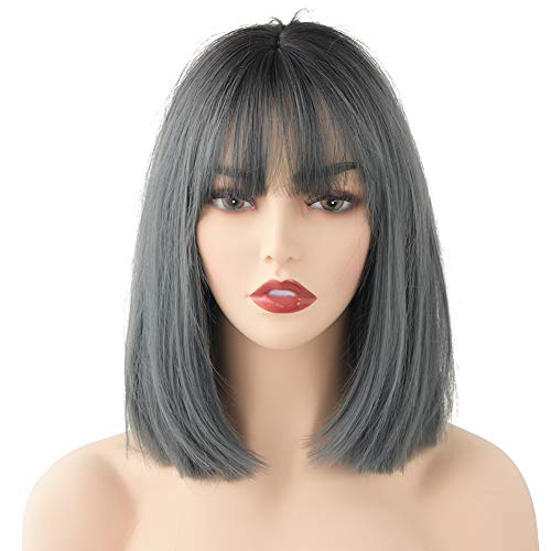 Short Straight Bob Wigs with Bangs Ombre Synthetic Wig for Women 14inch Cosplay Wig for Costume Halloween Party（Aoki Ash）