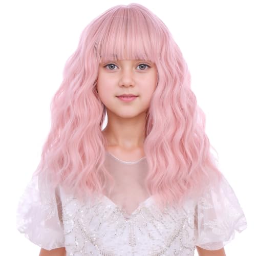 Image of Children Pastel Pink Wig Kids Short Light Pink Wavy Curly Wigs Girls Wig with Air Bangs Synthetic Cosplay Hair Wigs
