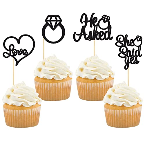 Gyufise 24 Pack Black Glitter He Asked She Said Yes Cupcake Toppers Glitter Heart Ring Cupcake Picks Decorations For Wedding Engagement Bridal Shower Party Supplies #TOP14