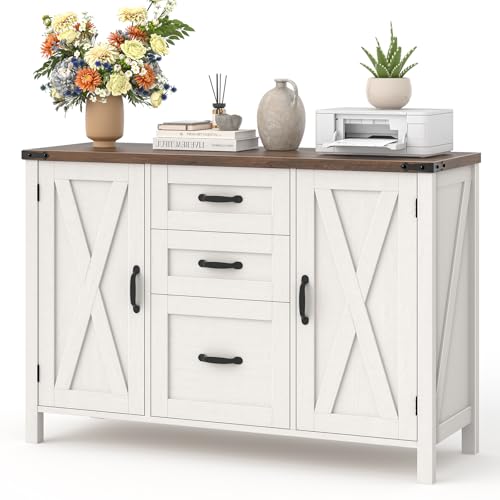 Vabches File Cabinet with 3 Drawers Farmhouse Lateral File Cabinet Fits Files Letter/A4 Size Wooden Filing Cabinet with Door and Adjustable Shelves Printer Stand for Home Office Rustic White