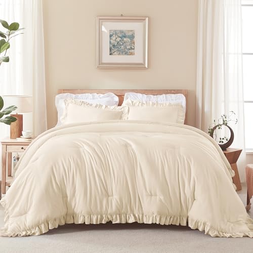 Image of Andency Beige Comforter Set Queen Size, 3 Pieces Shabby Chic Ruffle Bedding Comforter Sets for Queen Bed, Lightweight Fluffy Soft Microfiber Farmhouse Comforter Set