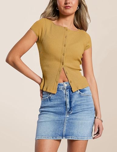 Dqbeng Womens Summer Cardigans Cap Sleeve Ribbed Button up Shirts Fitted Basic Going Out Tops2