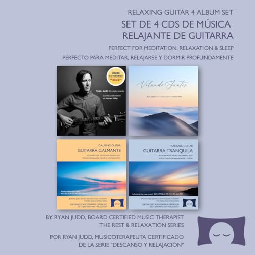 Set de 4 álbumes de música relajante de guitarra – Música para meditar, relajarse y dormir – Incluye música tranquila de guitarra y violonchelo, y música de guitarra con el sonido de las olas del mar