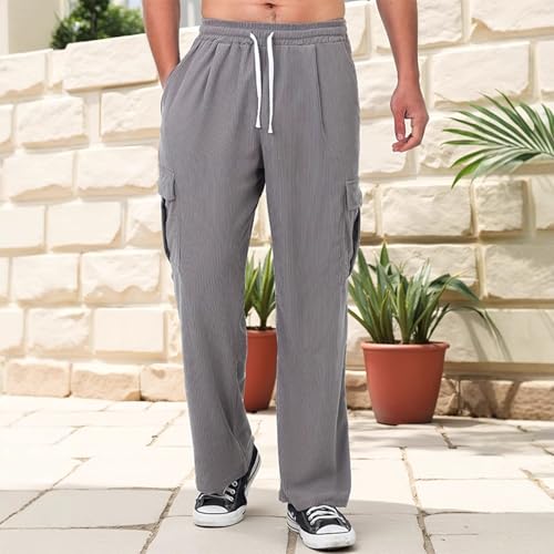 Classic Corduroy Pants Men Baggy High Waisted Drawstring Cargo Pants Fall Outdoor Wide Leg Trousers with Pockets2