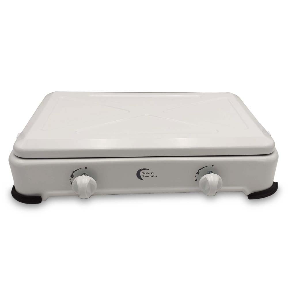Hornillo de Gas portátil 2 Fuegos - Control de Llama - Estufa de Camping compacta con Tapa - Ideal para Camping, Exterior y Viajes - 4 Patas de Goma Antideslizantes - Color Blanco