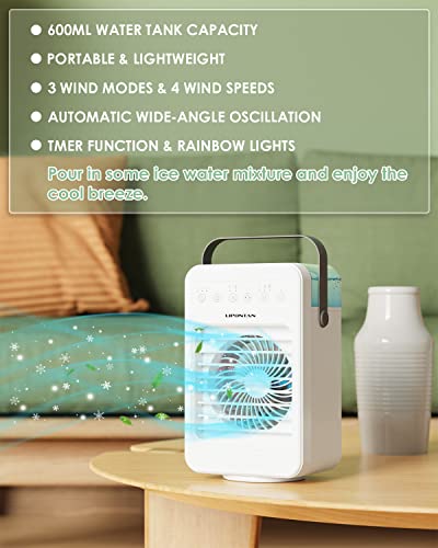 LIPONTAN Climatiseur Mobile Silencieux Refroidisseur d'air Portable Ventilateur Purificateur Humidificateur avec 3 Timer | Oscillation 90°| 3 Modes | 4 Niveaux | Led Colorées - Réservoir d'eau 600ml - Image 8