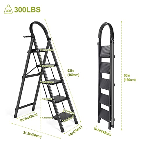 Aesraou 5 Step Ladder With Anti-Slip Pedal - Folding Step Stool With Tool Tray 300 Lbs Portable Steel Ladder For Adults For Home Kitchen Library Office #TOP5