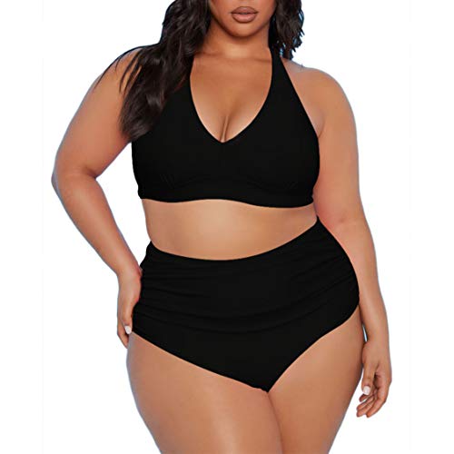 Sovoyontee Women's 2 Piece Plus Size High Waisted Halter Bikini Swimsuit Bathing Suit Black 4XL