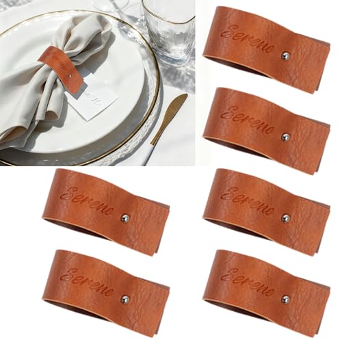 Luxury Leather Napkin Rings Set of 6 – Elegant Table Napkin Holders for Christmas, Wedding, Thanksgiving & Dinner Parties, Perfect Decorative Napkin Rings for Party Table Settings(Reddish Brown)
