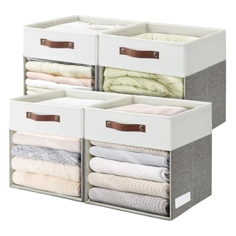 Bagnizer Storage Cubes with Clear Window Linen Fabric Collapsible Storage Bins with Handles 13 x 13 Inch Foldable Storage for Shelf Closet 4 Pack, Grey and White Cover