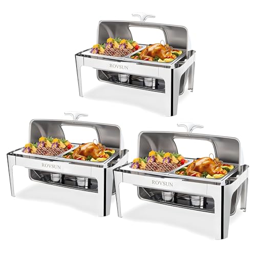 ROVSUN 3 Pack Roll Top Chafing Dish Buffet Set,9 Quart Rectangular NSF Stainless Steel Chafer for Catering,Buffet Servers and Warmers Set with Glass Window for Wedding, Party, Banquet, 2 Half Size