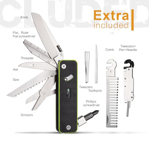 Image of ROXON S503G 9 in 1 Mini Multi Tool EDC Pocket Knife Multitool with G10 Handle,Scissors,Screwdriver,Threader,Awl, Flat Screwdriver,Ruler,Tweezers for Outdoors Fishing Camping,Gifts for Men (Neon Edge)