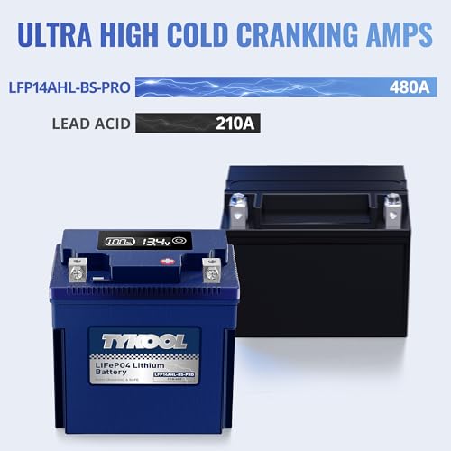 Image of TYKOOL LFP14AHL-BS-PRO Lithium Battery, 480CCA 8Ah, Replaces YTX14AHL-BS, Fits for Motorcycle ATV Snowmobile Scooter, Compatible with Moto Guzzi V7 Royal Enfield Arctic Cat, Digital Readout [- +]