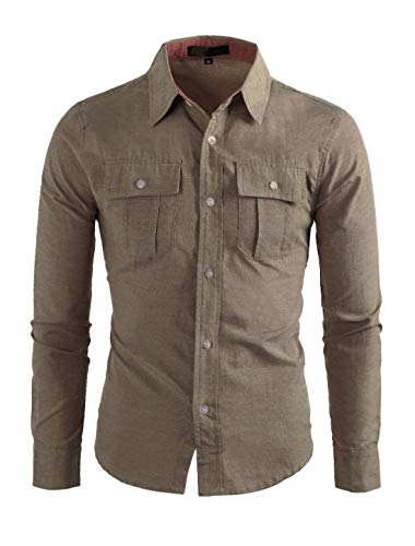 uxcell Men's Casual Point Collar Color Block Chest Pockets Button Down Shirt Khaki M US 40