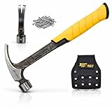 Xforst Latthammer Ganzstahl geschmiedet 600 g Kopfgewicht – Zimmermannshammer mit Magnet-Nagelhalter & Nagelzieher, robuster Anti-Vibration Griff – inkl. Gürtel Hammerhalter, 37 cm