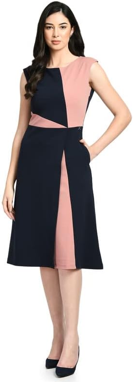 Exude Women Casual Block A-Line Midi Dress (Navy & Pink)
